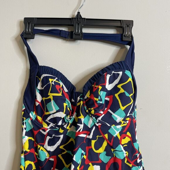 Catalina Womens Geometric Print Navy Halter Tankini Swim Top Underwire Bra Sz M - Picture 2 of 4